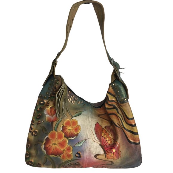 Anuschka  NEVER USED Handpainted Leather XL Shoulder Bag Hobo Butterfly - Picture 2 of 13